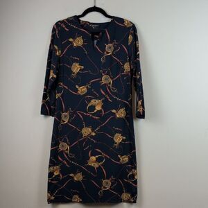 J. McLaughlin Carly Dress 3/4 Sleeves Navy Blue Equestrian Print Dress Size L